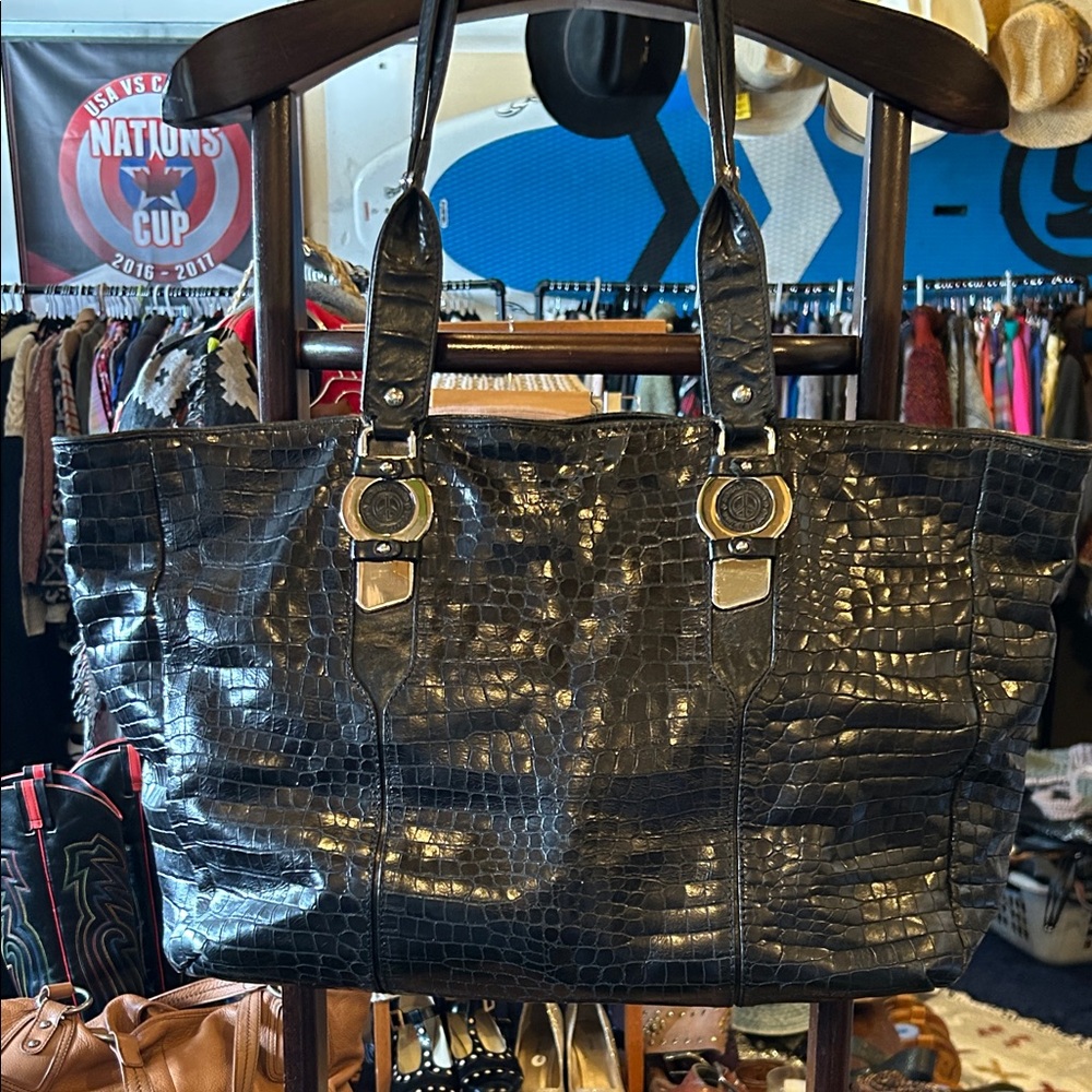 Black Crocodile-Embossed Tote Bag